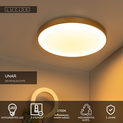 Lucide UNAR - Deckenleuchte - Ø 60 cm - LED 3 StepDim - 1x60W 2700K - Mattes Gold / Messing
